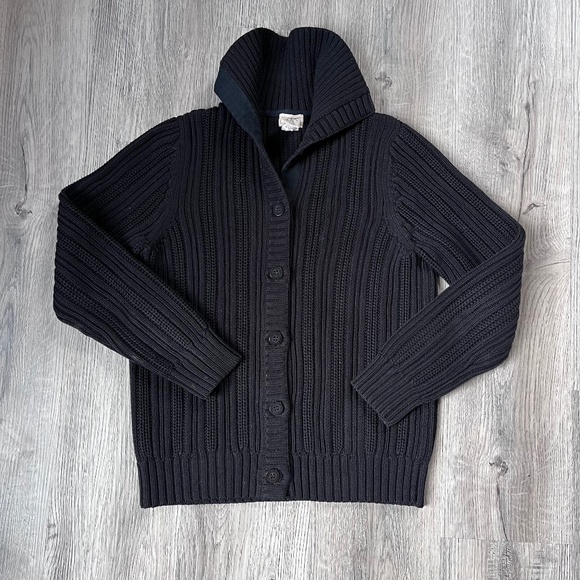 LL Bean Black Pima Cotton Button Up Cardigan Sweater Womens Small cable cowl - Picture 1 of 8